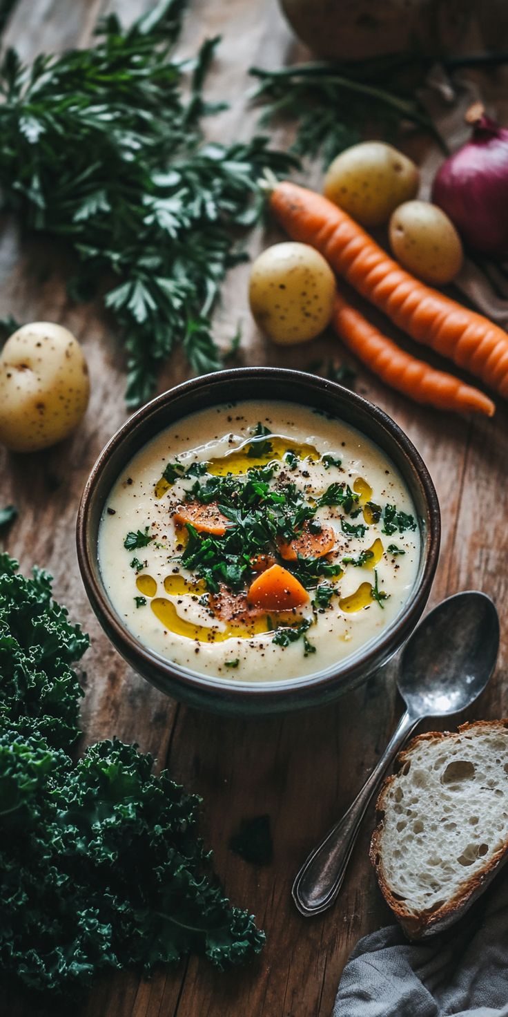 Velouté de légumes d'hiver avec carottes, pommes de terre et chou kale